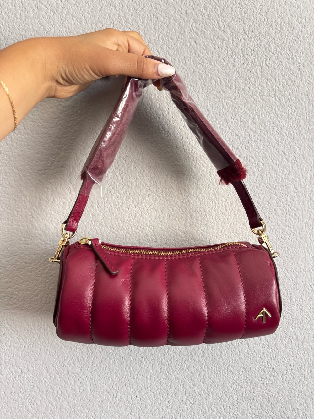 NWT Manu Atelier Mini Padded Cylinder Burgundy Calfskin Bag + 2 Straps